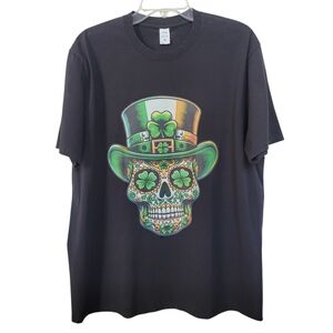 Black Graphic T-Shirt with Green Skull Design